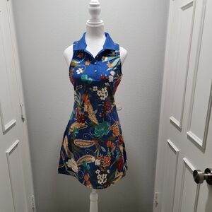 Floral Sleeveless Dress with Blue Collar